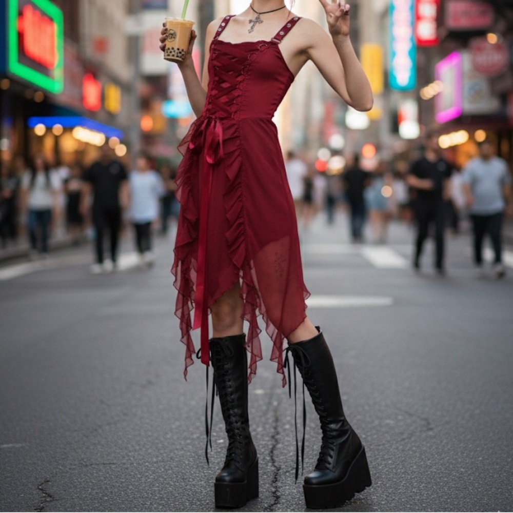 Current Mood Burgundy Lace-Up Midi Dress